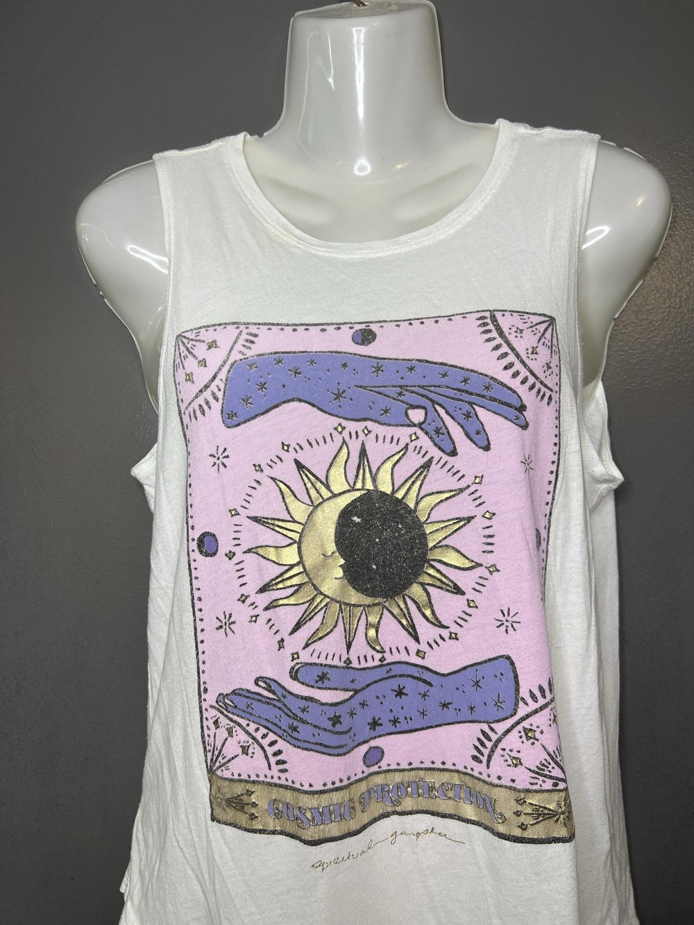 Spiritual Gangster Tank Top Womens XS White Cosmic Protection Sun Moon Graphic